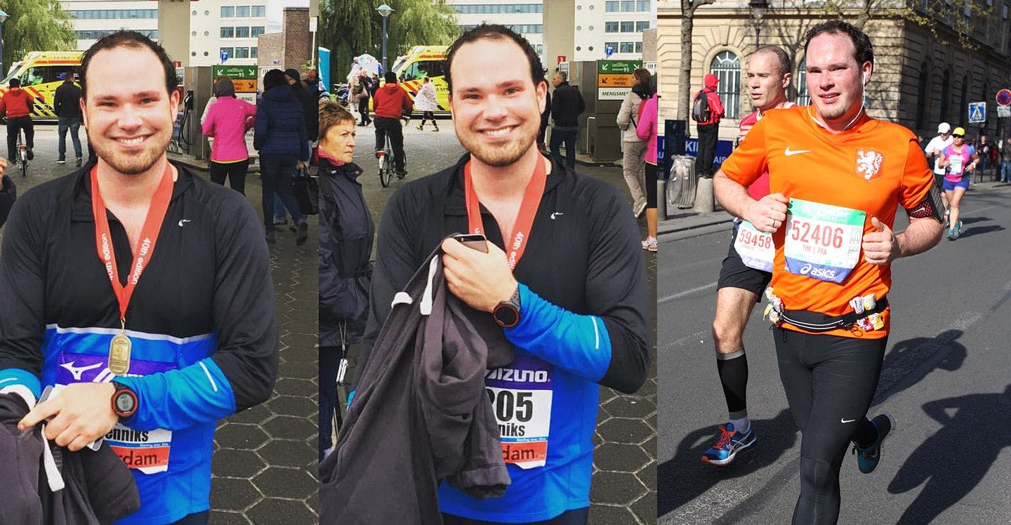 Left 2015 Amsterdam Half Marathon. Right 2015 Paris Marathon. Left 2015 Amsterdam Half Marathon. Right 2015 Paris Marathon.